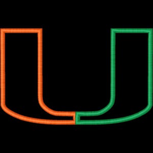 May include: An embroidered orange and green letter "U" on a black background. The "U" is formed by two vertical lines connected by a horizontal line, with the left side in orange and the right side in green.