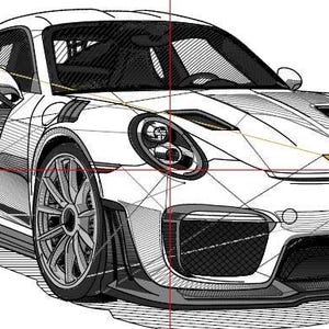 May include: Detailed line drawing of a white sports car with a rear spoiler. The car has large wheels, a low profile, and a sleek design. The image is a technical illustration, showing the car's form.