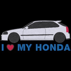 May include: White Honda Civic silhouette with the text "I love my Honda" in blue with a red heart.