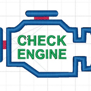 Może przedstawiać: Niebieska ikona kontrolki silnika z napisem "CHECK ENGINE" w kolorze zielonym.