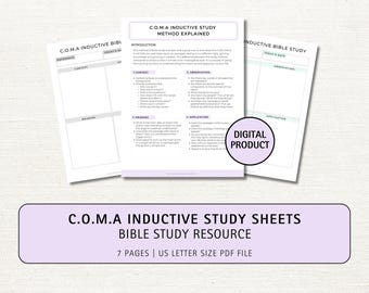 May include: Printable Bible study sheets with a purple and white color scheme. The sheets are titled "C.O.M.A Inductive Study Sheets Bible Study Resource" and include the text "7 Pages | US Letter Size PDF File".
