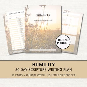 Könnte beinhalten: Ein digitaler druckbarer 30-Tage-Schriftstudienplan mit Naturhintergrund. Der Plan trägt den Titel "Demut" und umfasst 32 Seiten und eine Journalhülle. Die Datei ist im US-Letter-PDF-Format.