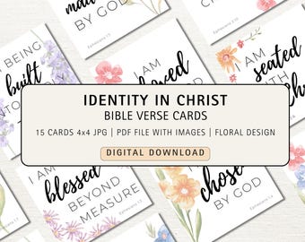 Identity in Christ Bible Verse Memory Cards, Printable Ephesians Scripture Cards, Christian Faith Affirmations, Floral Bible Memory Cards