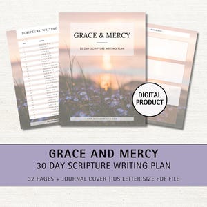 May include: A digital product for a 30-day scripture writing plan titled "Grace & Mercy". The cover features a sunset over a body of water with flowers in the foreground. The text "Digital Product" is in a white circle on a blue background.