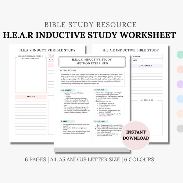 HEAR Inductive Bible Study Guided Worksheets Printable, Faith Planner, Bible Journal Notes, Bible Worksheets, Scripture Study, Christian PDF