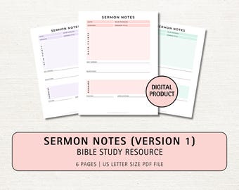 Plantilla imprimible de notas de sermones: Guía de estudio bíblico cristiano (descarga digital)