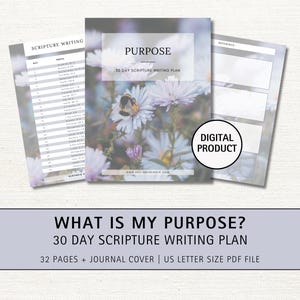 Könnte beinhalten: Ein digitales Produkt mit dem Titel "Was ist mein Sinn?" 30-Tage-Schriftstudienplan. Das Cover zeigt ein Blumenmuster mit einer Biene und dem Text "Purpose 30 Day Scripture Writing Plan". Das Produkt umfasst 32 Seiten und einen Journal-Umschlag. Es ist eine PDF-Datei im US-Letter-Format.