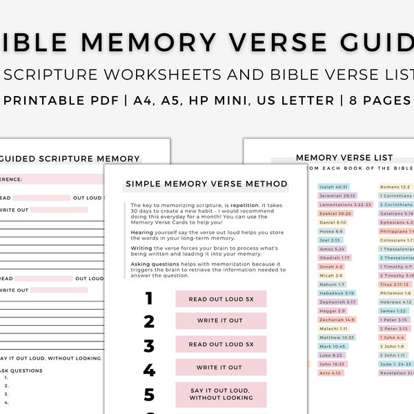 Bible Memory Verse Method Printable, Scripture Memorization, Bible Study Tools, Write Scripture, Faith Binder, Instant Download