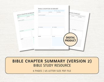 May include: Printable Bible study planner with three pages shown. Each page has a section for date, book, chapter, testament, chapter summary, key people, key verses, notes, and traits. The text "BIBLE CHAPTER SUMMARY (VERSION 2)" and "BIBLE STUDY RESOURCE" is at the bottom of the image. The text "6 PAGES | US LETTER SIZE PDF FILE" is also at the bottom of the image.