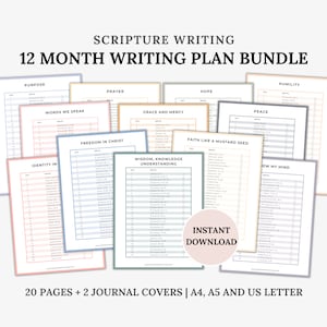 Printable 12 Month Scripture Writing Plan, Bible Memory Verses, Bible Reading Plan, Bible Study Journal, Christian Planner, Daily Devotion