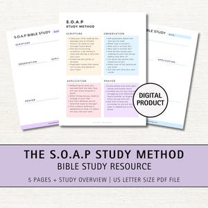 Puede incluir: Un recurso de estudio bíblico imprimible que utiliza el método S.O.A.P. El recurso incluye cinco páginas con una descripción general del estudio y está formateado en tamaño carta de EE. UU. El recurso es un producto digital.