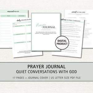 May include: A digital prayer journal with a light green and white design. The journal includes pages for daily prayer, journaling, and reflection. The cover reads "Prayer Journal" and "Quiet Conversations with God."