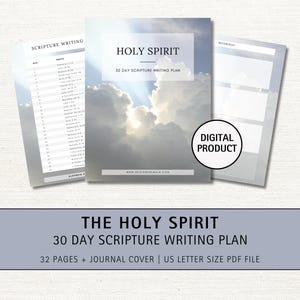 May include: A digital printable 30-day scripture writing plan with a cover image of a cloudy sky with a bright sun shining through. The title is "The Holy Spirit 30 Day Scripture Writing Plan".