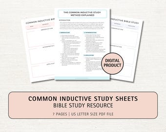 May include: Printable Bible study sheets with a light blue and pink color scheme. The text on the sheets reads "The Common Inductive Study Method Explained" and "Common Inductive Bible Study". The sheets are labeled with the steps of the inductive study method: Observation, Interpretation, and Application. The text at the bottom of the image reads "Common Inductive Study Sheets Bible Study Resource 7 Pages | US Letter Size PDF File".