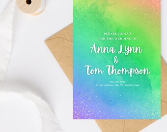 Printable Wedding Invitation Template - Custom Save the Date - Editable Canva Template - Rainbow Watercolor Invite (Celebrate Collection)