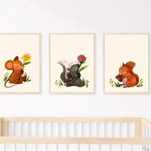 Woodland Nursery Animal Prints – Skunk, Squirrel & Mouse Wall Art Set – Cute Forest Animal Digital Download for Baby Room Decor