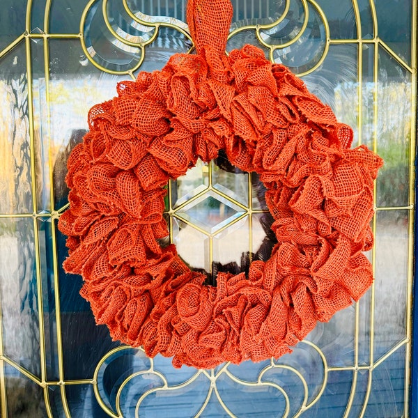 18” Burnt Orange Fabric Burlap Wreath, Fall Wreath- Harvest Halloween Wreath- Ready Made Wreath- Front Door Decor