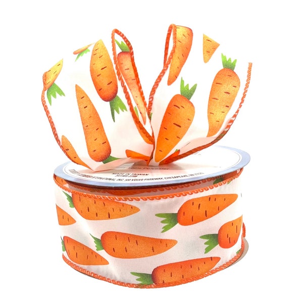 2”- Easter Carrots Wired, White Ribbon w/ Orange Trim - Craft Ribbon- Wreath Ribbon-Home Decor