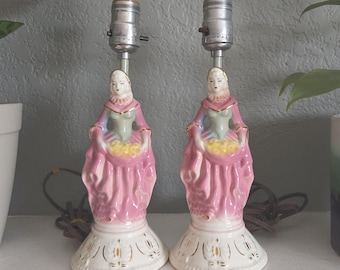 Set of Mid Century Lamps – Victorian Lady Table Lights, Romantic Pink Bedroom Decor