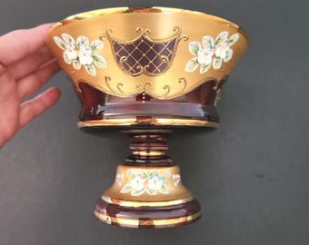 Vintage Egermann Bohemian Crystal Pedestal Bowl • Red Flashed Glass • Hand‑Painted Gold • Czech Republic
