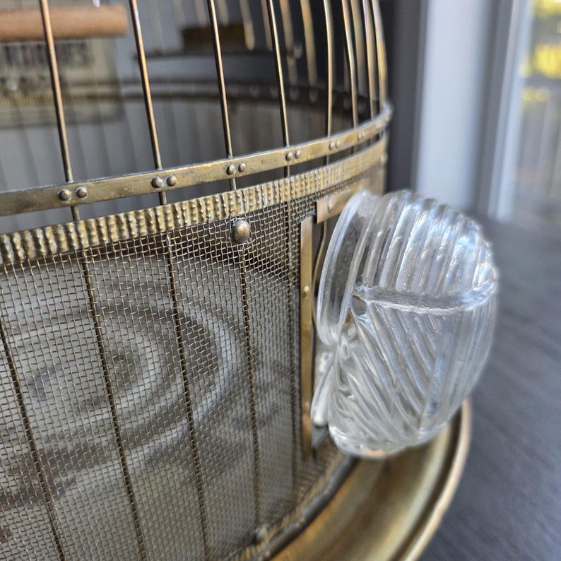 May include: An antique birdcage with a brass frame and wire mesh. A clear, textured glass water cup is attached to the side. The cage has a circular base and a wooden perch inside.