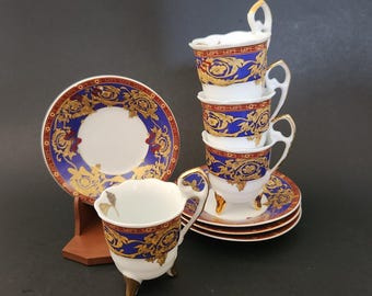 Vintage SITRA Porcelain Espresso Cup Set: Blue & Gold Footed Demitasse