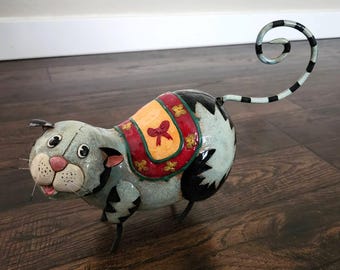 Colorful Folk Art Cat Statue – Whimsical Hand-Painted Metal Figurine – Eclectic Home Decor