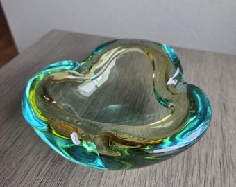 Elegant Vintage Murano Art Glass Ashtray • Yellow Blue Swirl • Hand‑Blown Italian