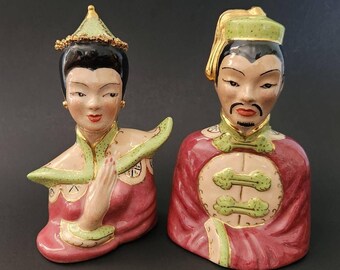 Vintage Ceramic Asian Couple Busts – Mid-Century Modern Figurine Pair