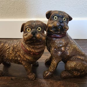 19th Century Terracotta Pugs with Glass Eyes | Set of Pug Statues | Hand Painted | RARE