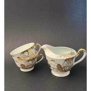 Vintage asiatisches Teetassen-Set mit Milchkännchen | Gold Weiß | Kutani japanisch