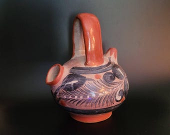 Théière d'art folklorique mexicain Tonala - Poterie faite main de conception de plumes - ustensiles de cuisine de collection vintage