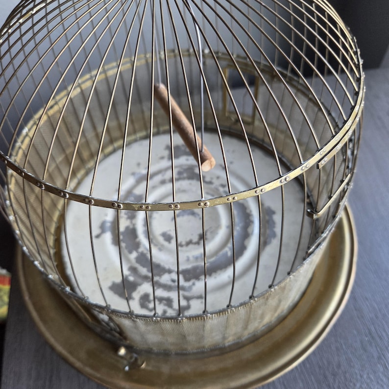 May include: A vintage brass birdcage with a circular base and a domed top. The cage features vertical bars and a mesh lining. A wooden perch is inside. The cage has a distressed, aged appearance.