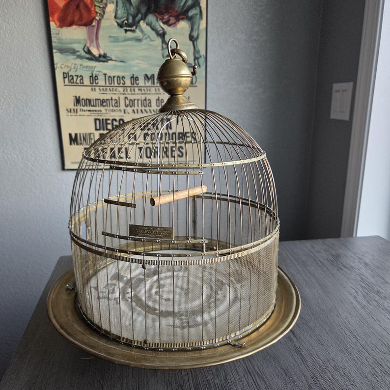 May include: An antique brass birdcage with a domed top, wire mesh sides, and a wooden perch. The cage sits on a round base and features a decorative finial. A vintage poster is in the background.