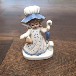 Vintage Porcelain Figurine Girl with Puppy Holding Umbrella