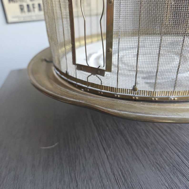 May include: An antique brass-toned food cover with a mesh screen and a circular base. The cover has a cage-like design with a hinged door and is likely used to protect food from insects. The base is wide and slightly curved.