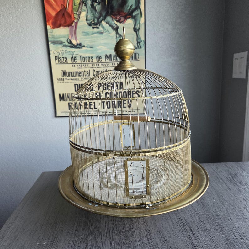 May include: A vintage brass birdcage with a domed top and a circular base. The cage features a wire mesh design and a small door. A vintage poster is in the background.