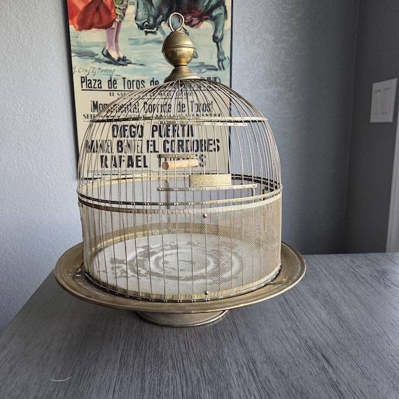 Hendryx Brass Tabletop Birdcage on Pedestal – Vintage Dome Cage with Glass Feeders - 1920s