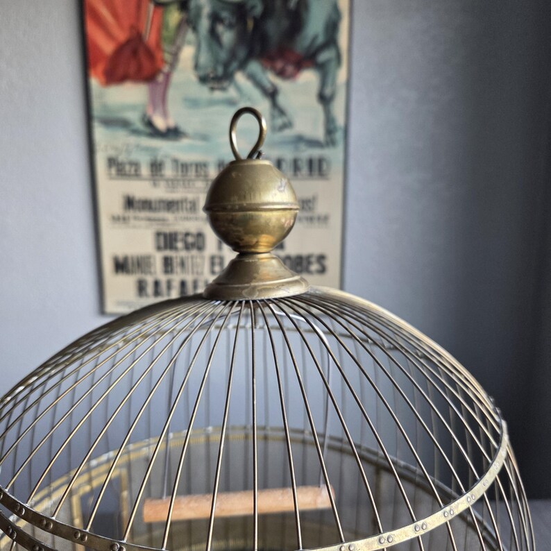 May include: Close-up of a vintage brass birdcage with a domed top and a small loop for hanging. The cage has a wooden perch inside. A vintage poster is in the background.