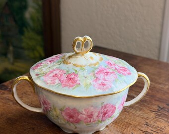 Antique Pouyat Limoges Sugar Bowl, Hand‑Painted Roses & Gold Trim (J.P.L. France)