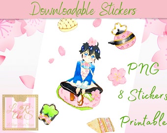 Kawaii Anime Bakery Boy and Sweets Digital Printable PNG Sticker Bundle of 8