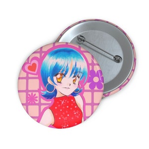 Fashionable, Y2K, Blue-Haired Anime Girl Pin Button