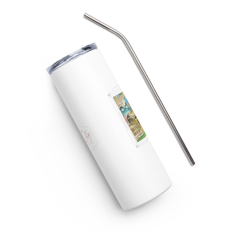 May include: White stainless steel tumbler with a colorful illustration of a building and the text "City" in pink script. The tumbler comes with a silver metal straw.