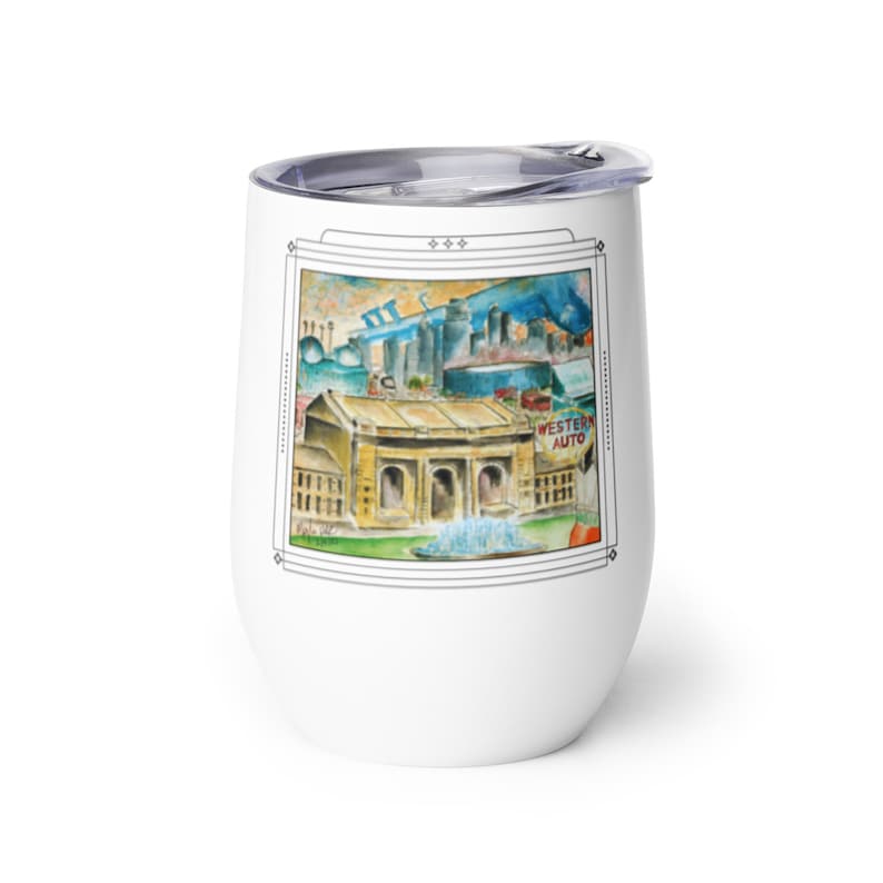 May include: White stainless steel wine tumbler with a colorful illustration of a city skyline and a building with a fountain in front of it. The illustration is framed with a black border and has the text "WESTERN AUTO" on the right side.