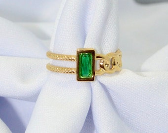 18k Gold-Plated Unique Emerald Green Ring Resizable and Tarnish-Free