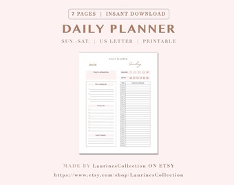 Minimalist Hourly/Daily Planner Printable - Sunday to Saturday By Time - Includes Priorities