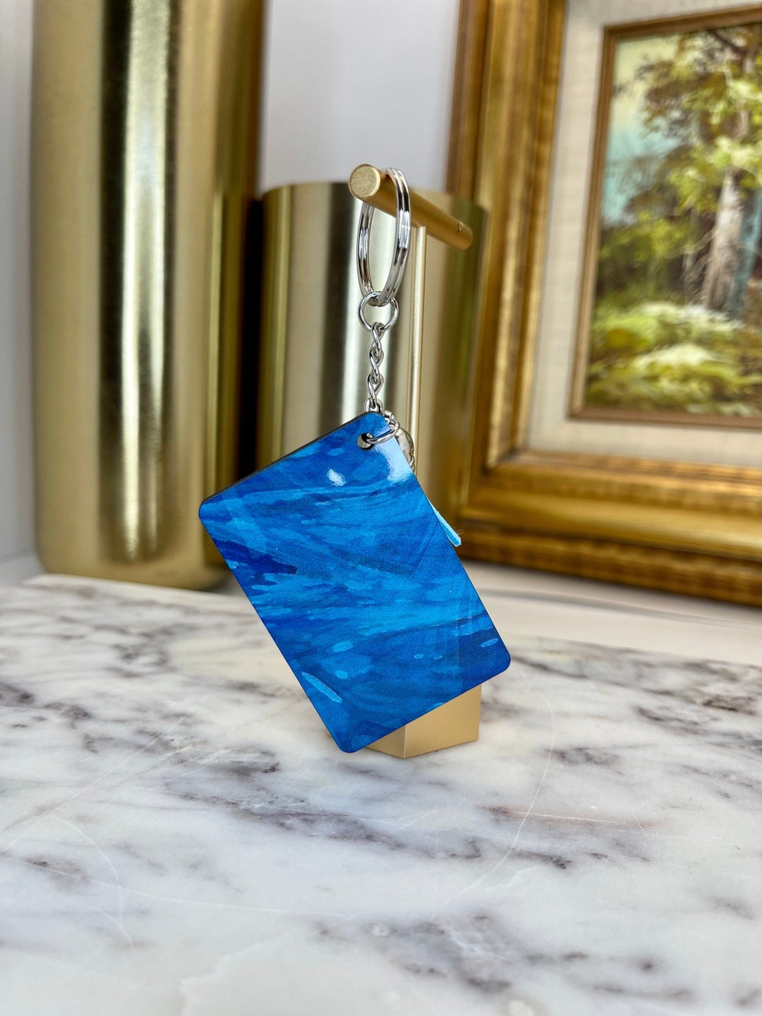 Retro Blue Watercolor Keychain With Print on Both Sides - Etsy