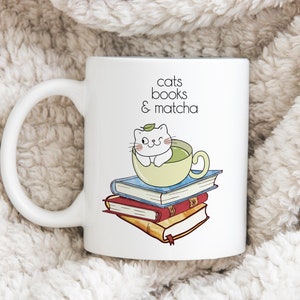 Cats Books & Matcha Mug, Cat Lover Gift, Book Lover Gift, Cute Cat Coffee Cup, Teacher Gift, Bookworm Gift, Tea Lover Gift