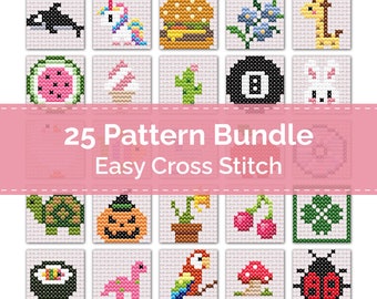 May include: A set of 25 easy cross stitch patterns featuring various cute and colorful designs, including a unicorn, a watermelon, a turtle, a pumpkin, a cherry, a ladybug, and more.  The patterns are perfect for beginners and are sure to add a touch of whimsy to any project.