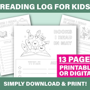 Printable Monthly Reading Log for Kids with Colouring In, title and author, reading list, books read this month, reading challenge